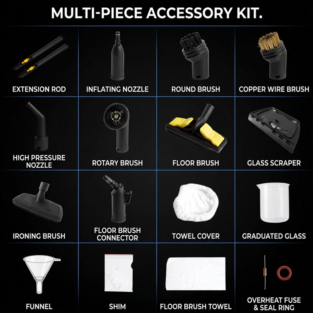 Sixteen-piece high-pressure steam cleaner accessory kit including brushes, floor brush, glass scraper and funnel