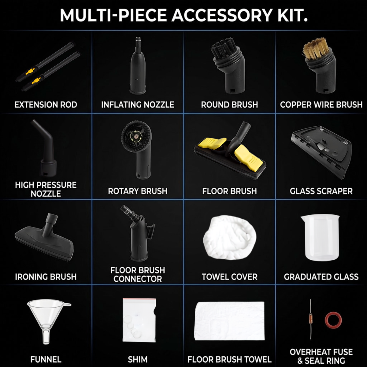 Sixteen-piece high-pressure steam cleaner accessory kit including brushes, floor brush, glass scraper and funnel