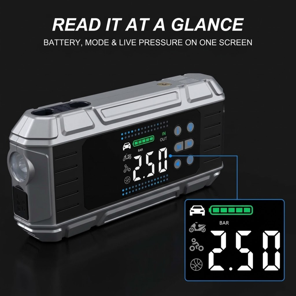 A silver and black digital motorcycle tire pressure monitor with a front light, shown on a dark background with promotional text and a screen detail inset.