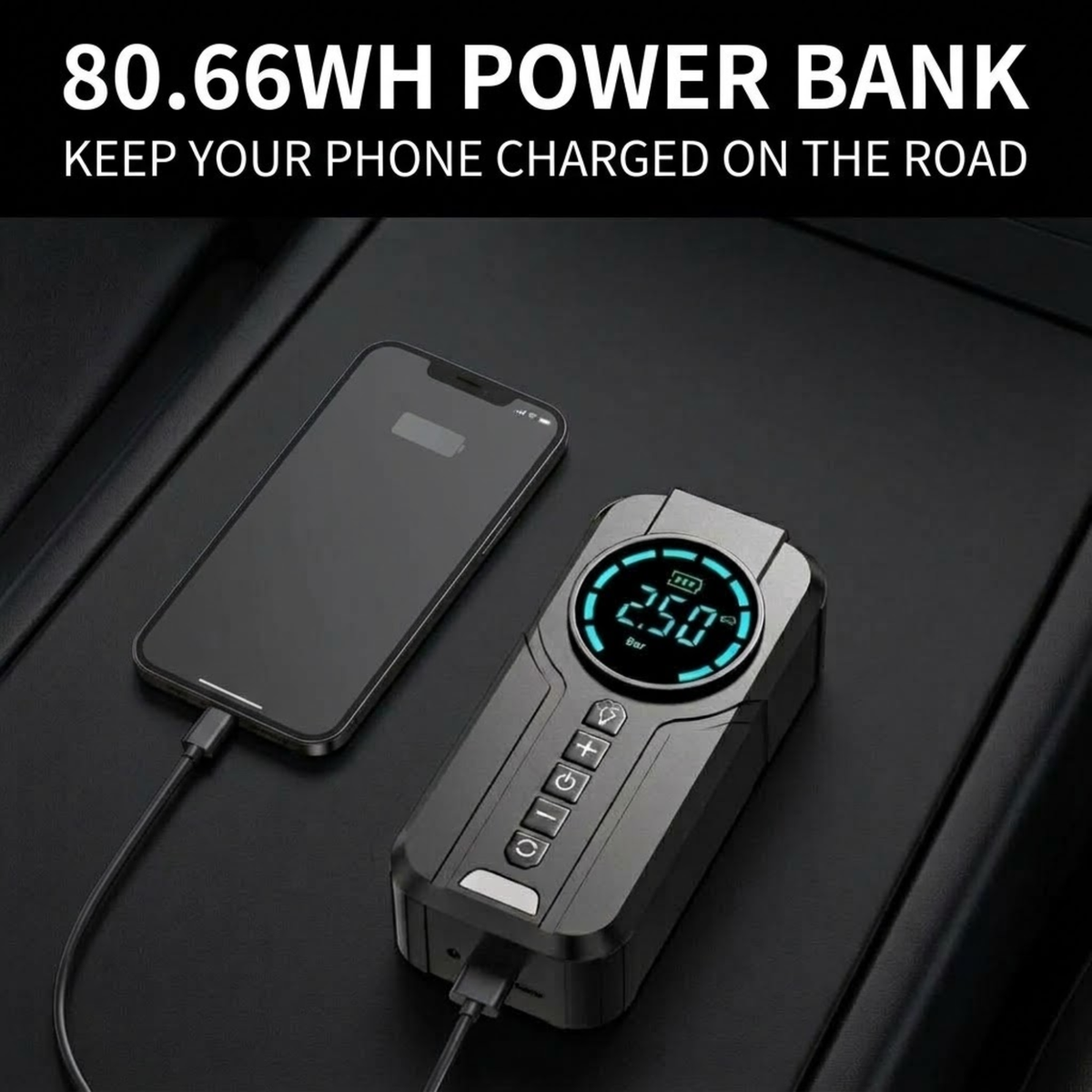 Compact Jump Starter Kit charging a smartphone by USB cable on a black car centre console, showing its 80.66 Wh power bank