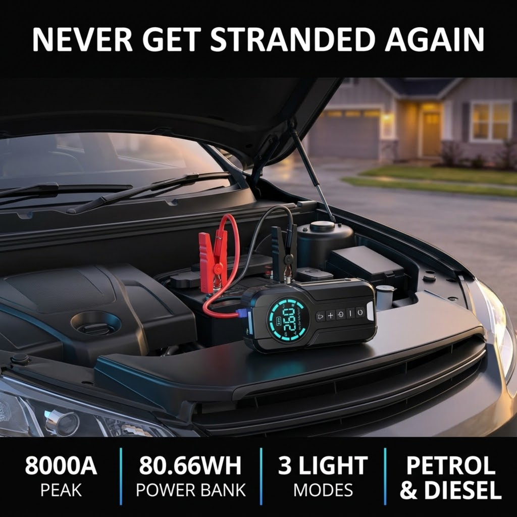 Compact Jump Starter Kit with red and black clamps connected to a car battery under an open bonnet in a driveway at dusk