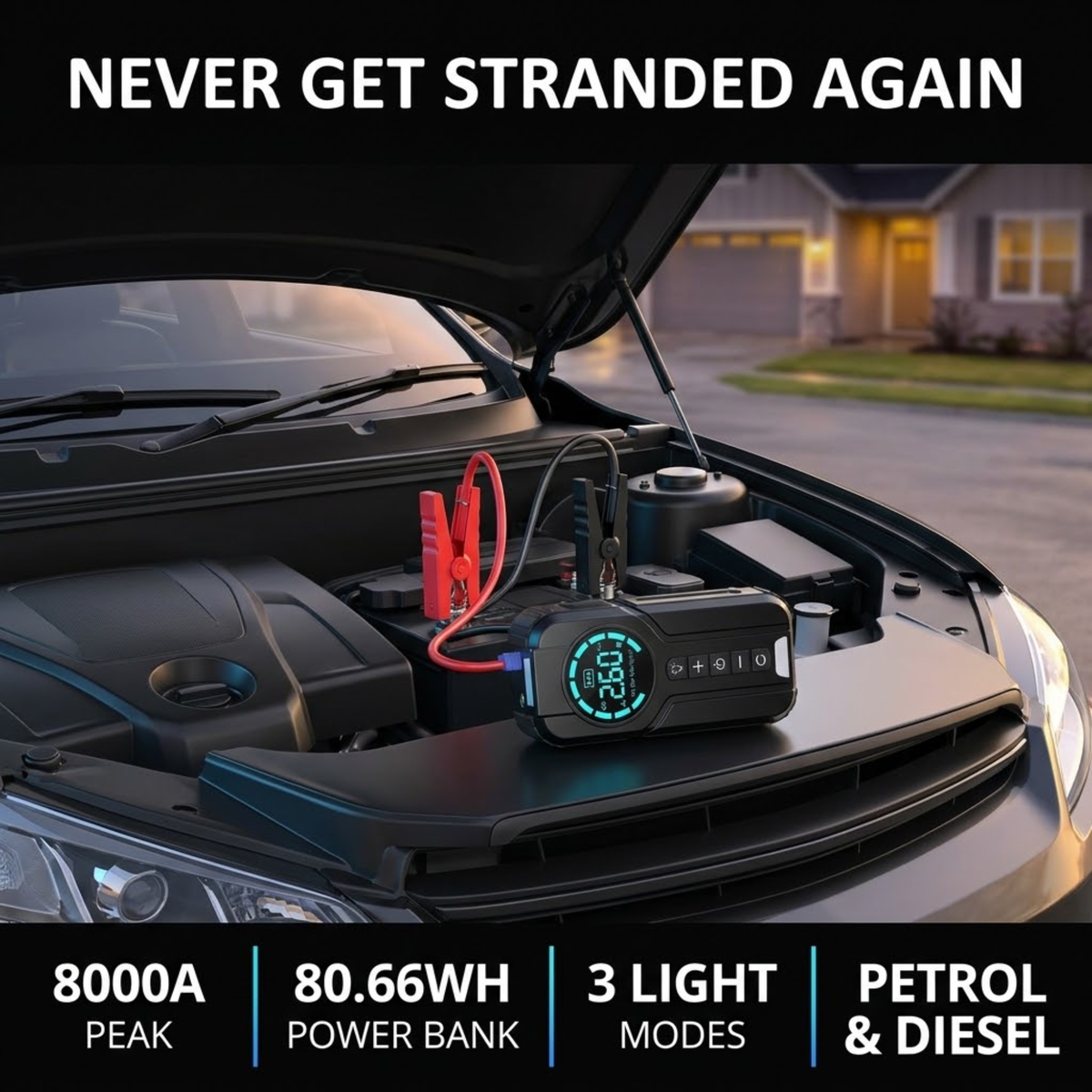 Compact Jump Starter Kit with red and black clamps connected to a car battery under an open bonnet in a driveway at dusk