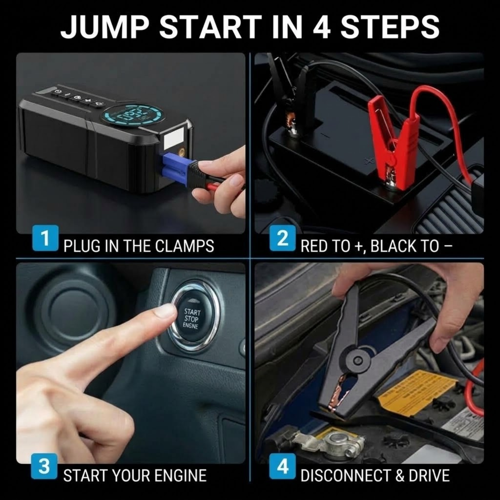 Four-step Compact Jump Starter Kit guide: plug in the clamps, connect red to positive and black to negative, start the engine, disconnect