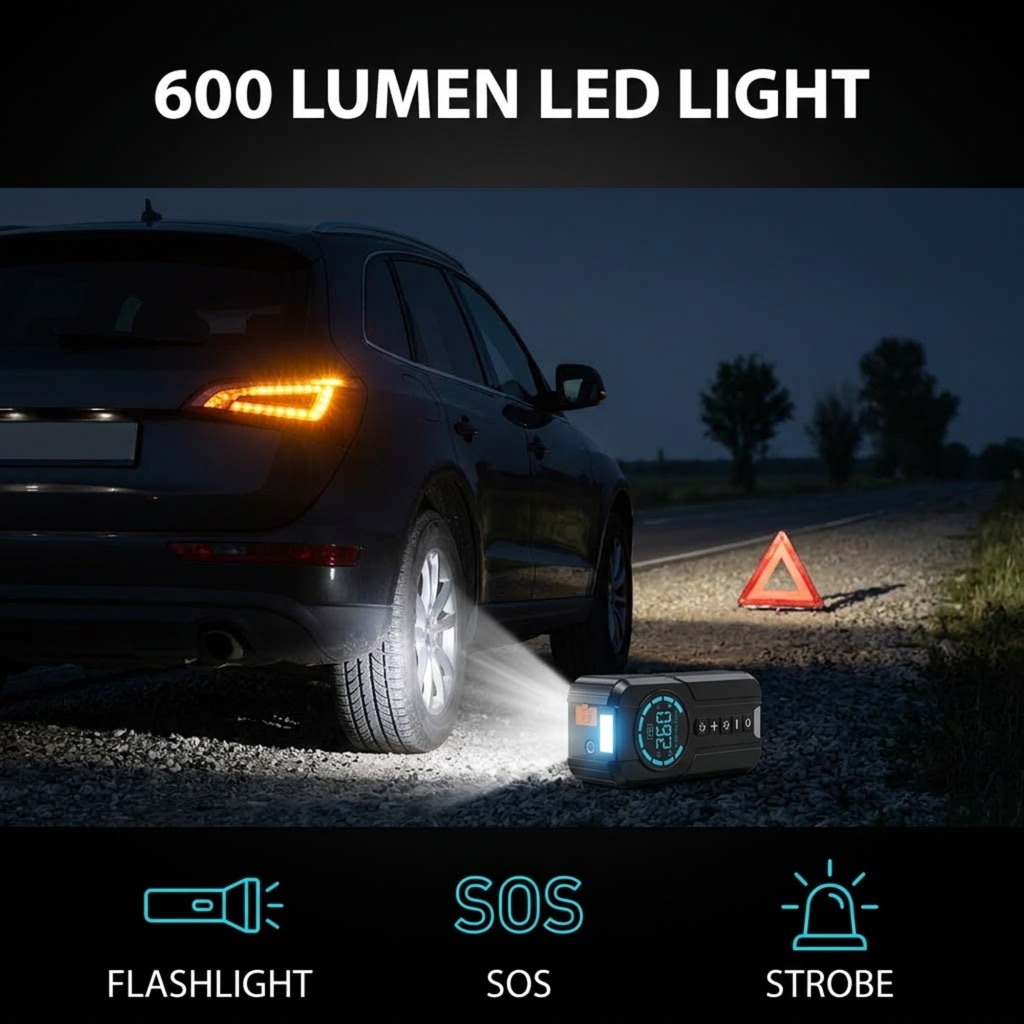 Compact Jump Starter Kit 600-lumen LED light shining on an SUV rear tyre at night beside a roadside warning triangle