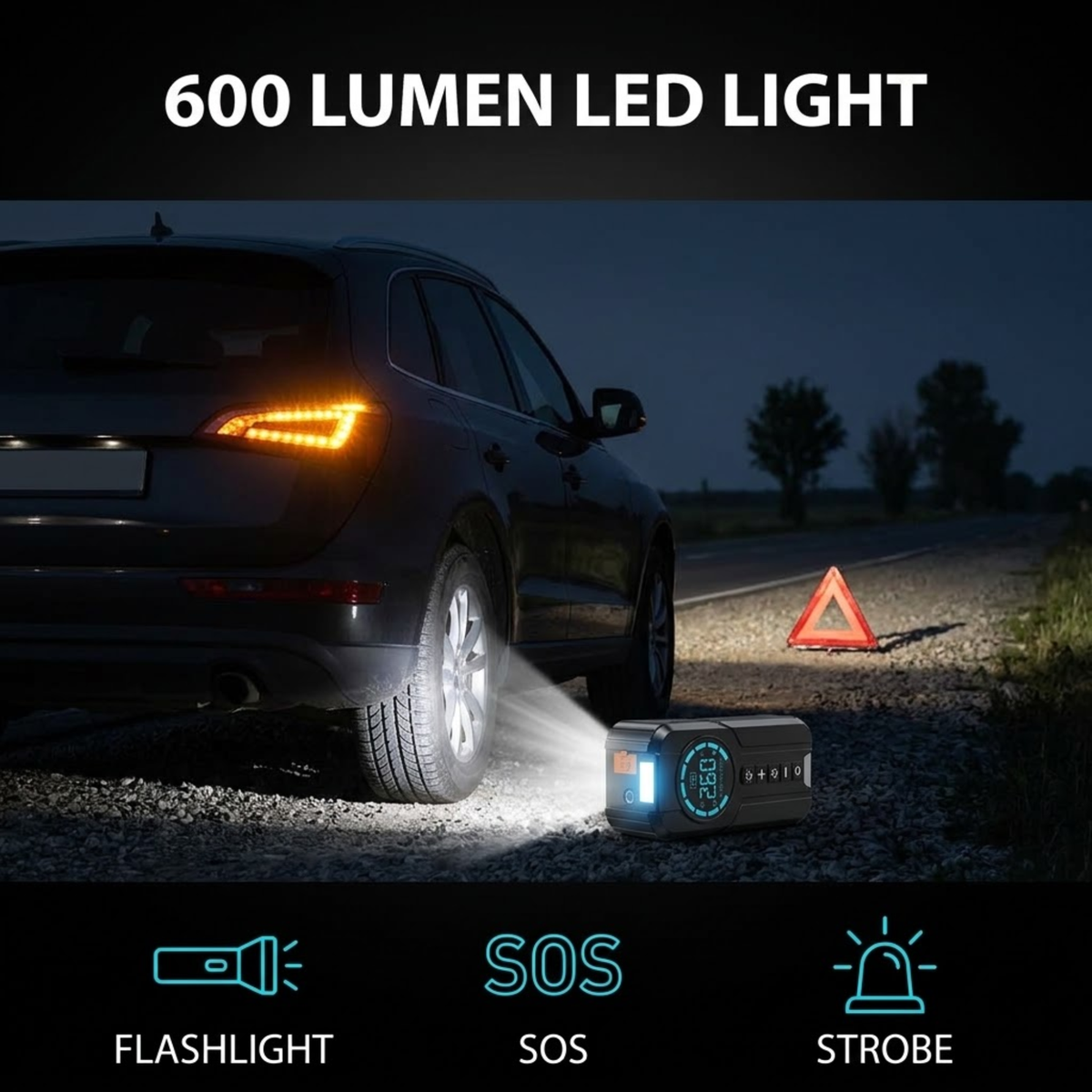 Compact Jump Starter Kit 600-lumen LED light shining on an SUV rear tyre at night beside a roadside warning triangle