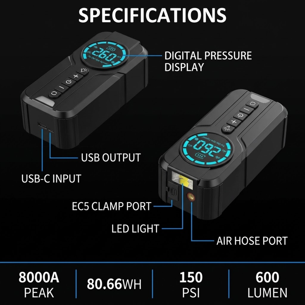 Compact Jump Starter Kit diagram showing digital pressure display, USB output, USB-C input, EC5 clamp port, LED light and air hose port