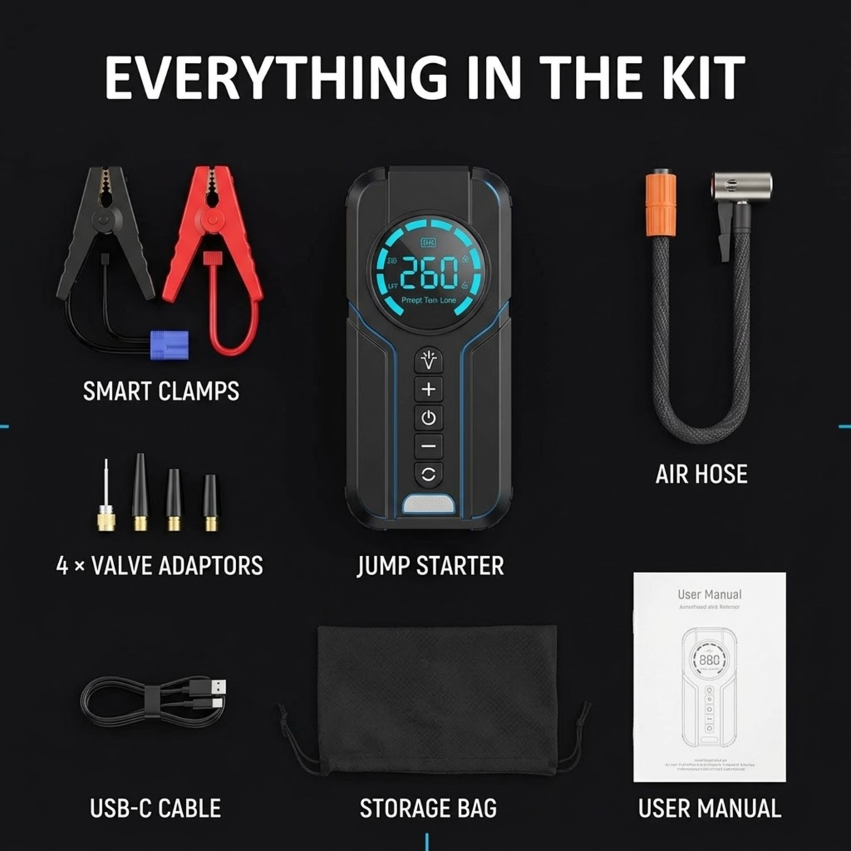 Compact Jump Starter Kit contents: jump starter, smart clamps, air hose, four valve adaptors, USB-C cable, storage bag and user manual