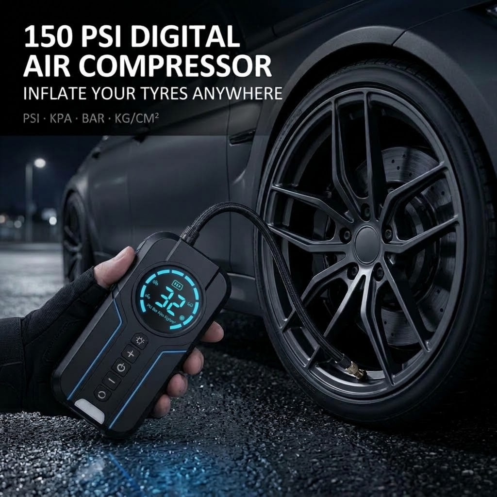 Gloved hand using the Compact Jump Starter Kit 150 PSI air compressor to inflate a car tyre on a wet road at night
