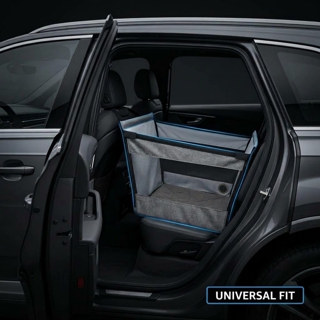 A gray fabric pet cargo basket with blue trim installed in the rear cargo area of a dark gray SUV, shown with the rear door open. A 'UNIVERSAL FIT' badge is visible in the bottom right corner.