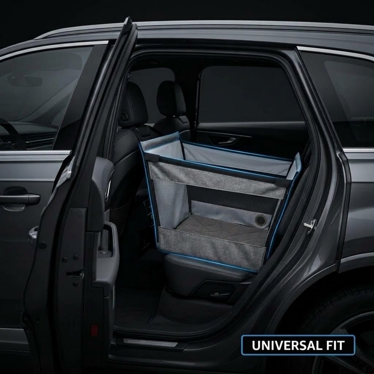 A gray fabric pet cargo basket with blue trim installed in the rear cargo area of a dark gray SUV, shown with the rear door open. A 'UNIVERSAL FIT' badge is visible in the bottom right corner.