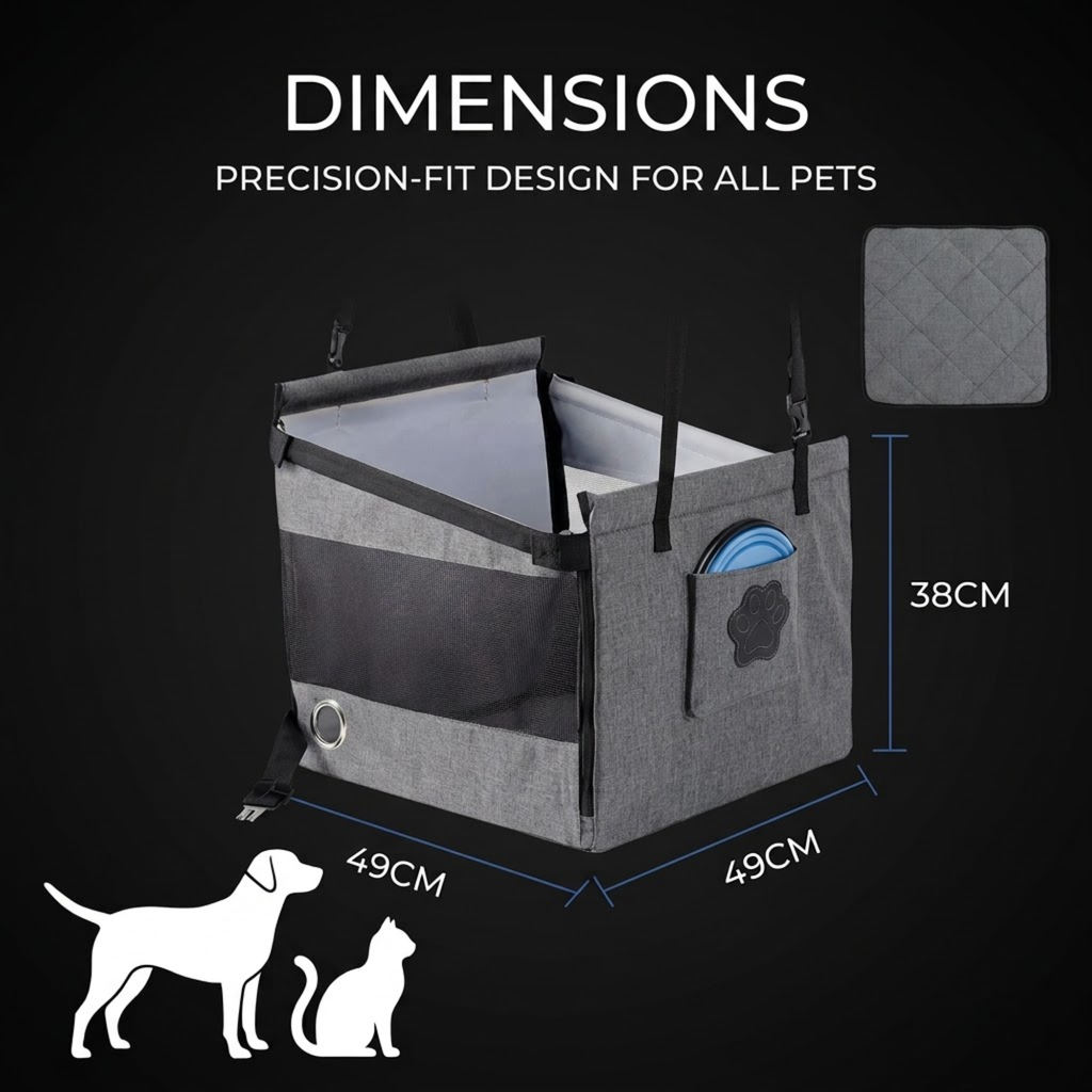 A pet carrier or elevated pet bed shown on a dark background with text reading 'DIMENSIONS' and measurements indicating 49CM width, 49CM depth, 38CM height, plus dog and cat silhouette icons and a small inset of the cushion cover.