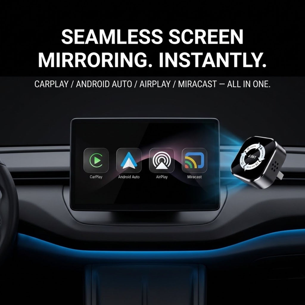 A car dashboard display with a rectangular screen showing CarPlay, Android Auto, AirPlay, and Miracast app icons, alongside a small black plug-in device labeled as a seamless screen mirroring adapter. Large white text at the top reads 'SEAMLESS SCREEN MIRRING.