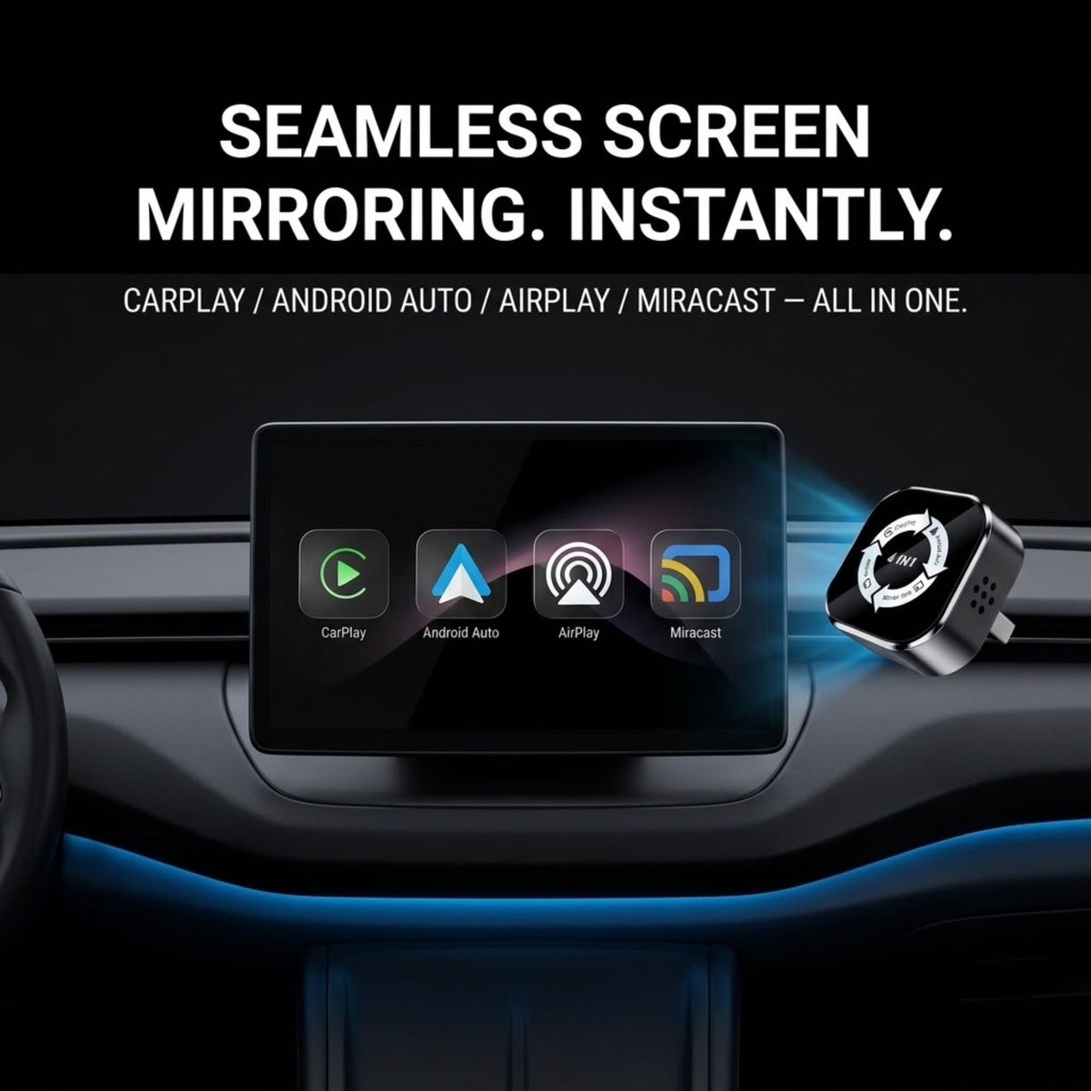 A car dashboard display with a rectangular screen showing CarPlay, Android Auto, AirPlay, and Miracast app icons, alongside a small black plug-in device labeled as a seamless screen mirroring adapter. Large white text at the top reads 'SEAMLESS SCREEN MIRRING.