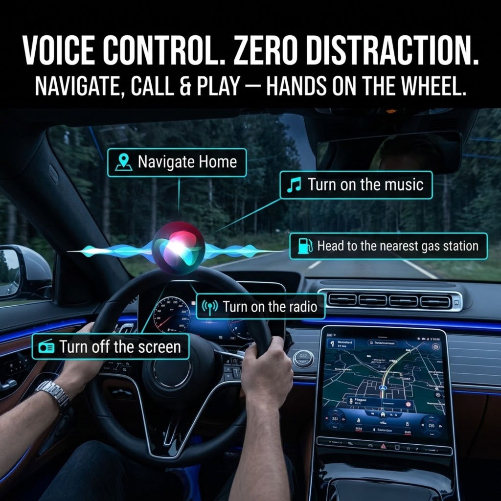 A car interior scene with a driver's hands on the wheel and a large touchscreen display, overlaid with marketing text and callout labels for voice control features: Navigate Home, Turn on the music, Head to the nearest gas station, Turn on the radio, and Turn off the screen. The top banner reads 'VOICE CONTROL.