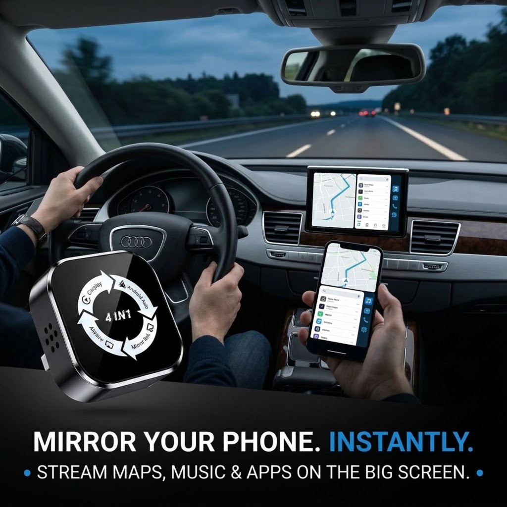 A car interior scene showing a black 4-in-1 dashboard mirror device mounted near the steering wheel, with a phone in hand displaying a map and the device mirroring the screen. Large text at the bottom reads, 'MIRROR YOUR PHONE.