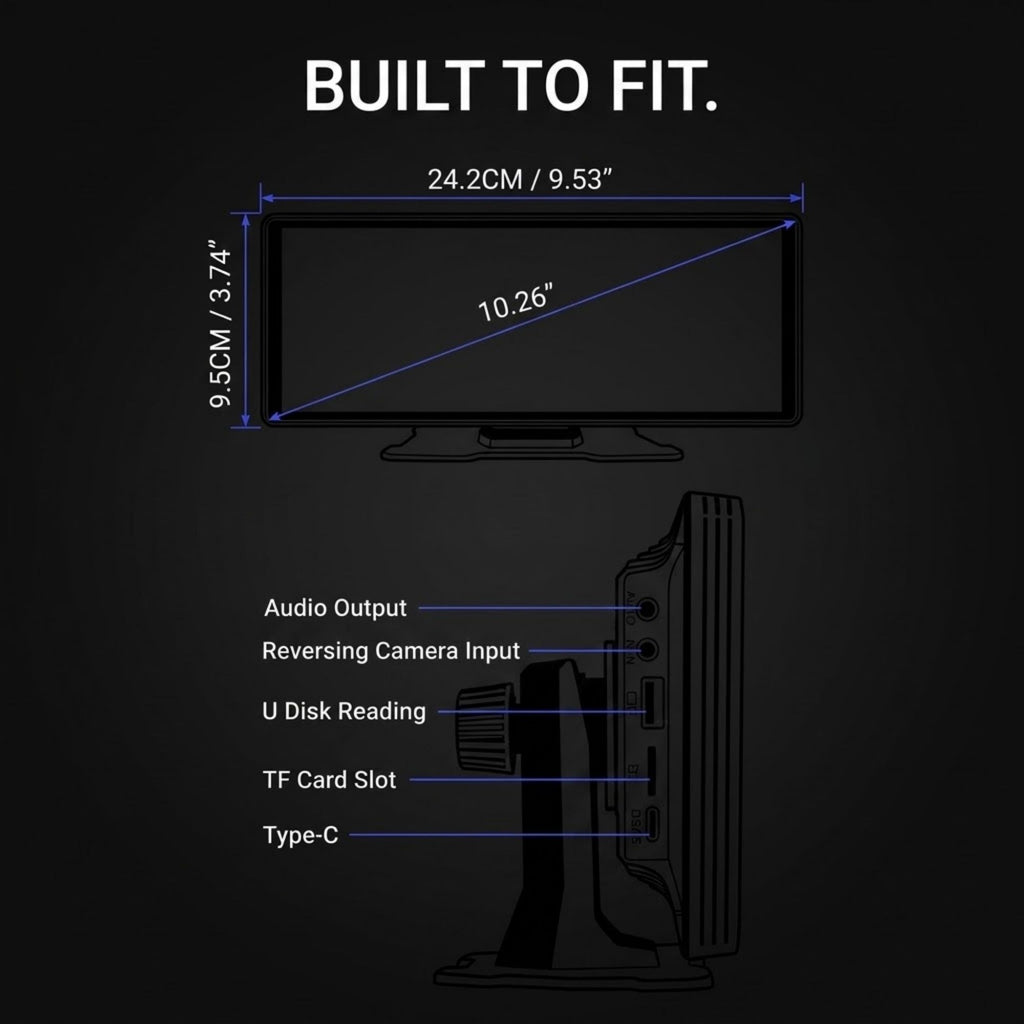 Black product fitment diagram on a dark background showing a monitor front view with dimensions labeled 24.2CM x 9.