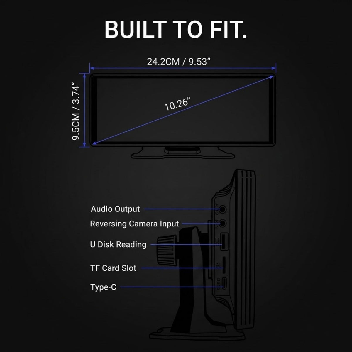 Black product fitment diagram on a dark background showing a monitor front view with dimensions labeled 24.2CM x 9.