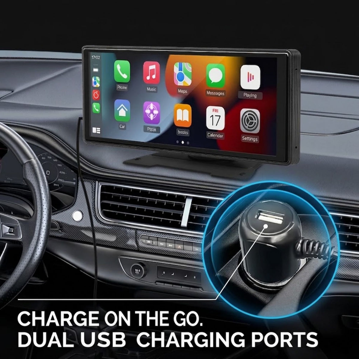 Car dashboard display showing a touchscreen infotainment system mounted above the air vents, with a circular inset highlighting a dual USB charging port. Text at the bottom reads 'CHARGE ON THE GO.