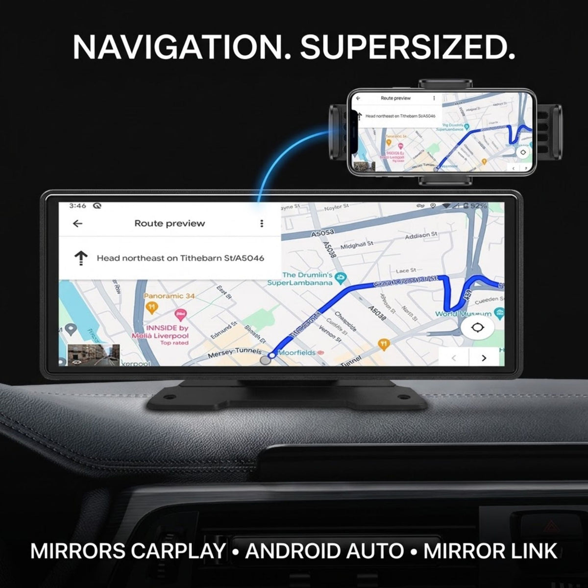 A car dashboard display mount holding a large tablet screen showing a navigation map, with a smaller phone mounted above it demonstrating Mirroring CarPlay and Android Auto. Text at the top reads 'NAVIGATION.
