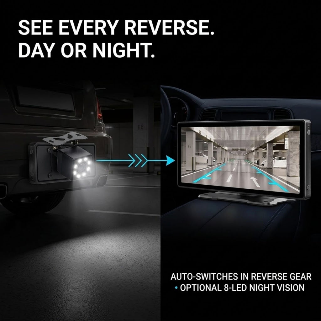 A car reverse backup light product shown in a dark parking garage scene, with text reading 'SEE EVERY REVERSE. DAY OR NIGHT.