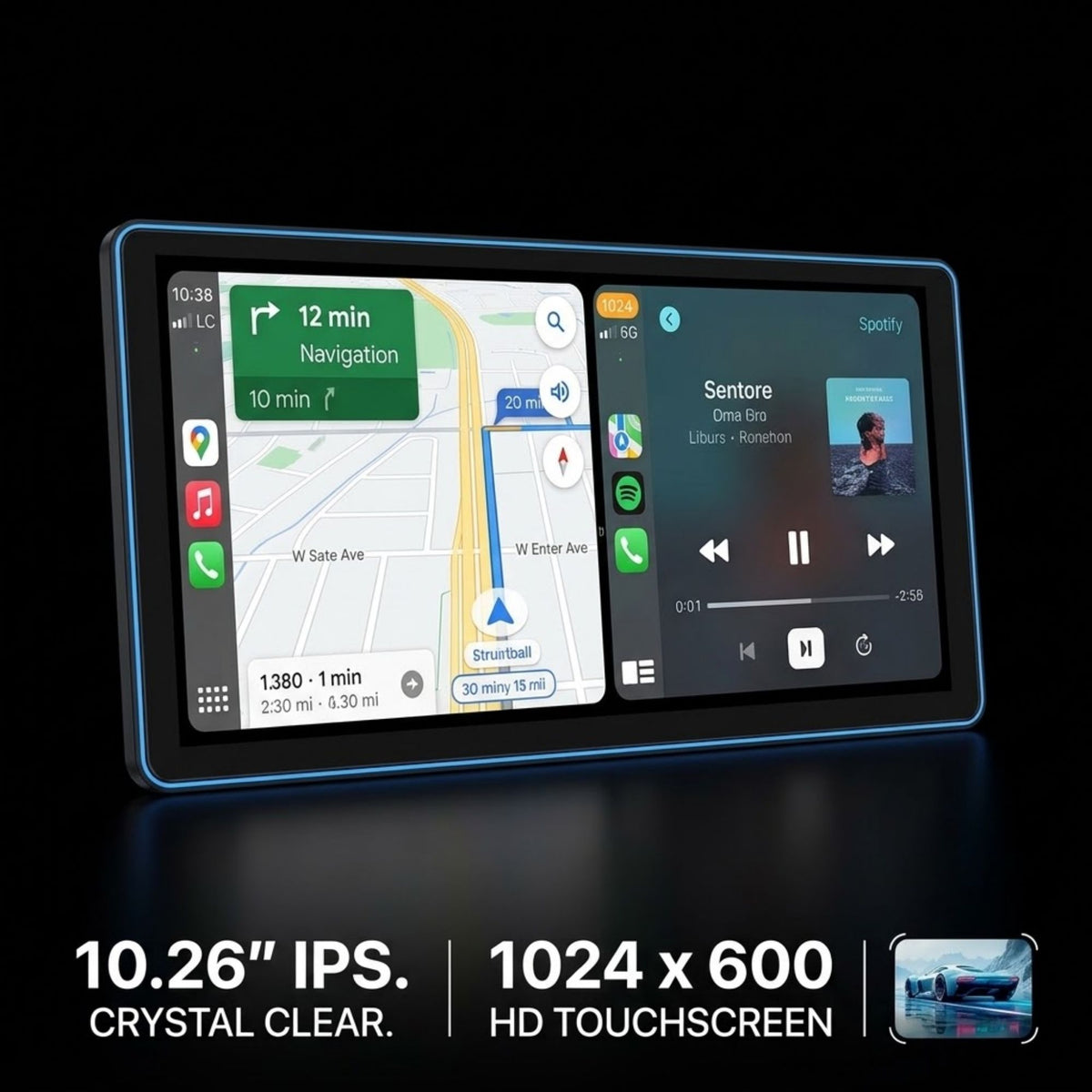 A car stereo touchscreen display showing a navigation map on the left and Spotify media controls on the right, with text below reading 10.26" IPS.