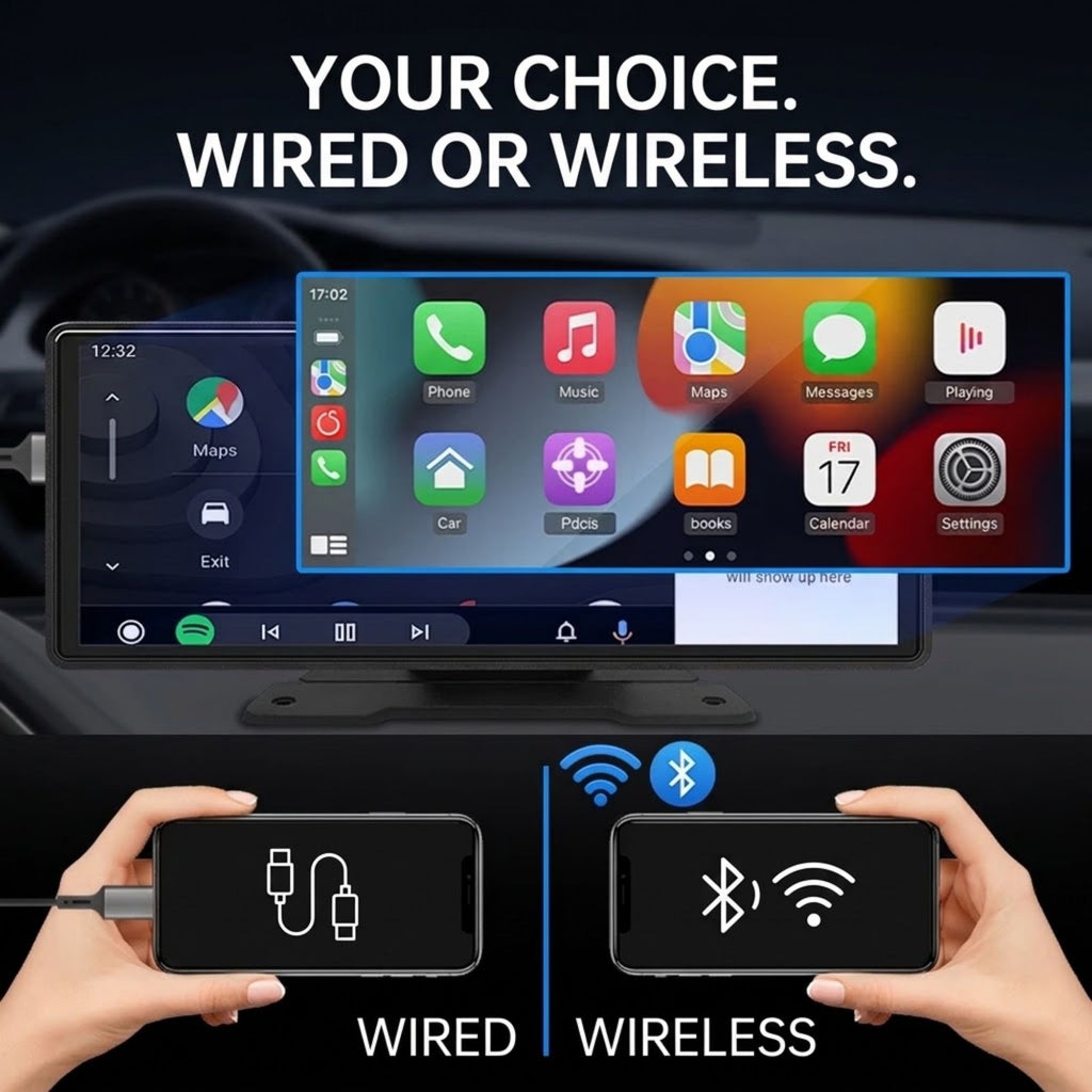 A car stereo head unit shown mounted on a dashboard with a large touchscreen interface, plus text reading 'YOUR CHOICE. WIRED OR WIRELESS.
