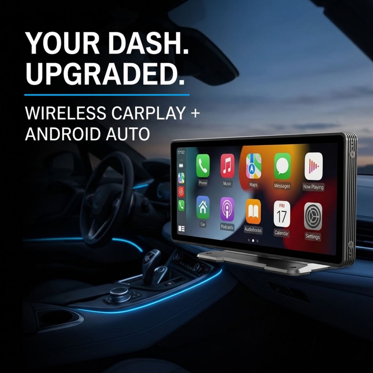 A car stereo display mounted on a dashboard in a vehicle interior, with large text reading 'YOUR DASH. UPGRADED.