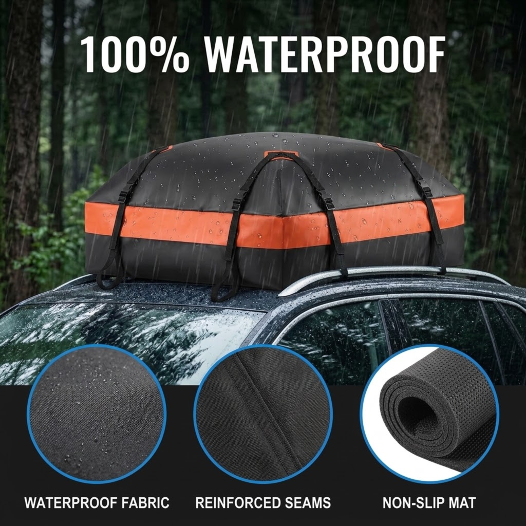 A black and orange waterproof roof bag mounted on a car roof in the rain, with large text reading '100% WATERPROOF' and three circular detail insets showing waterproof fabric, reinforced seams, and a non-slip mat.
