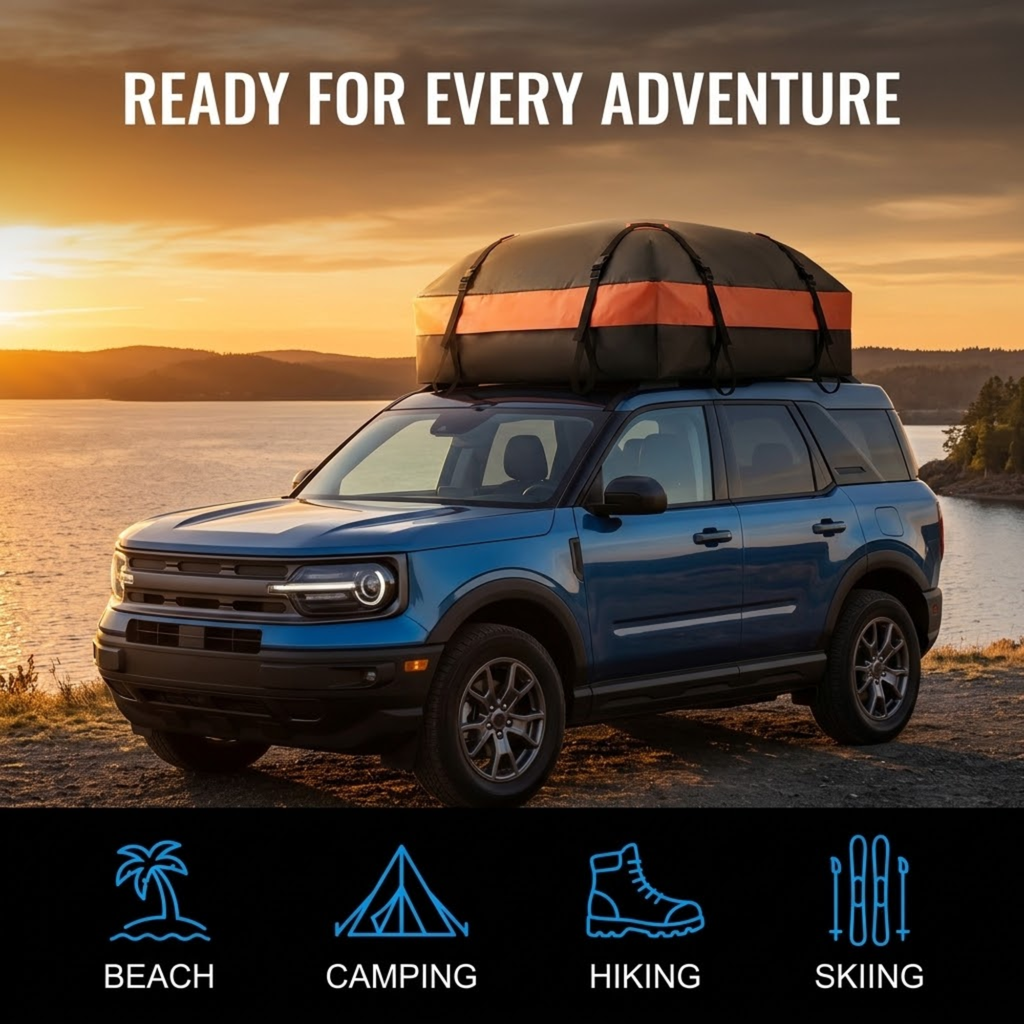 A blue SUV parked outdoors by a lake at sunset with a large black roof cargo bag strapped on top. White text at the top reads 'READY FOR EVERY ADVENTURE,' and a black strip at the bottom shows blue icons and words for Beach, Camping, Hiking, and Skiing.