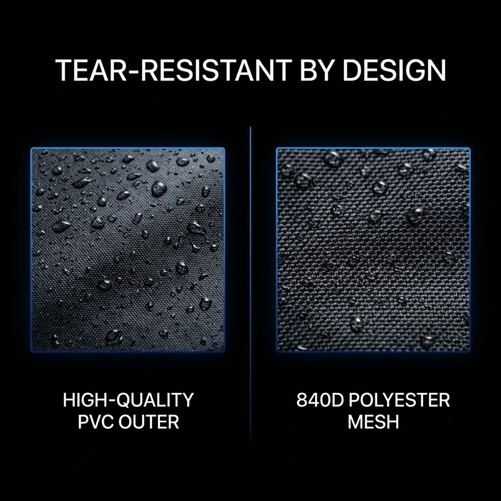 A black promotional graphic with the headline 'TEAR-RESISTANT BY DESIGN' above two material close-ups. The left panel shows a dark textured fabric with water droplets and the text 'HIGH-QUALITY PVC OUTER,' and the right panel shows a dark woven mesh texture with the text '840D POLYESTER MESH.