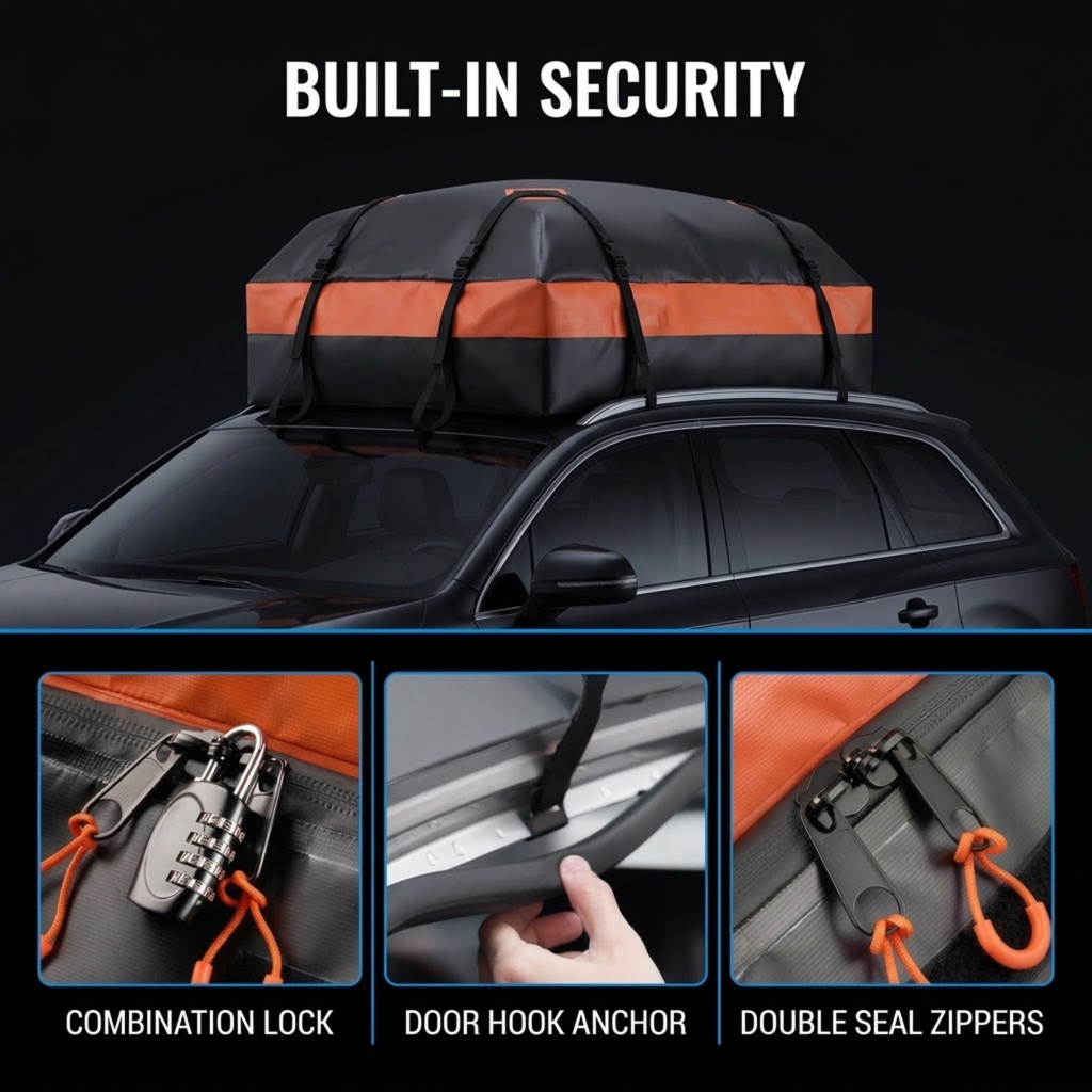 A black and orange roof cargo carrier bag mounted on a dark SUV, with the headline 'BUILT-IN SECURITY' above and three close-up feature panels below showing a combination lock, door hook anchor, and double seal zippers.
