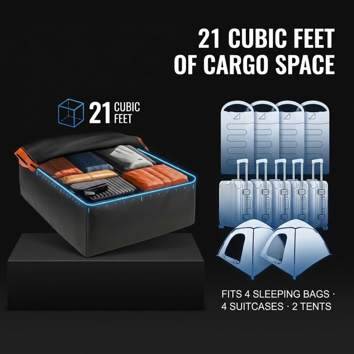 A black expandable packing cube shown open with folded clothes inside, displayed on a black pedestal against a black background. White text reads '21 CUBIC FEET OF CARGO SPACE,' with additional icons and text indicating it fits 4 sleeping bags, 4 suitcases, and 2 tents.