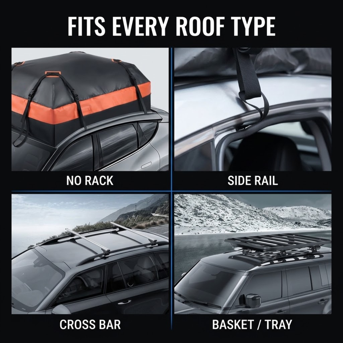 A 2x2 promotional graphic showing a black roof bag with orange accents mounted on different vehicle roof configurations: no roof rack, side rail, cross bar, and basket/tray. Large text at the top reads 'FITS EVERY ROOF TYPE' and labels each configuration below.