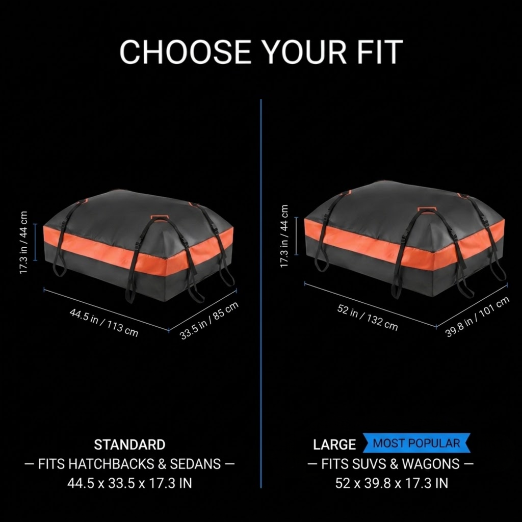 A black informational graphic titled 'CHOOSE YOUR FIT' showing two fitted bag silhouettes with dimensions labeled. The left version is labeled STANDARD and fits hatchbacks and sedans, while the right version is labeled LARGE and most popular, fitting SUVs and wagons.
