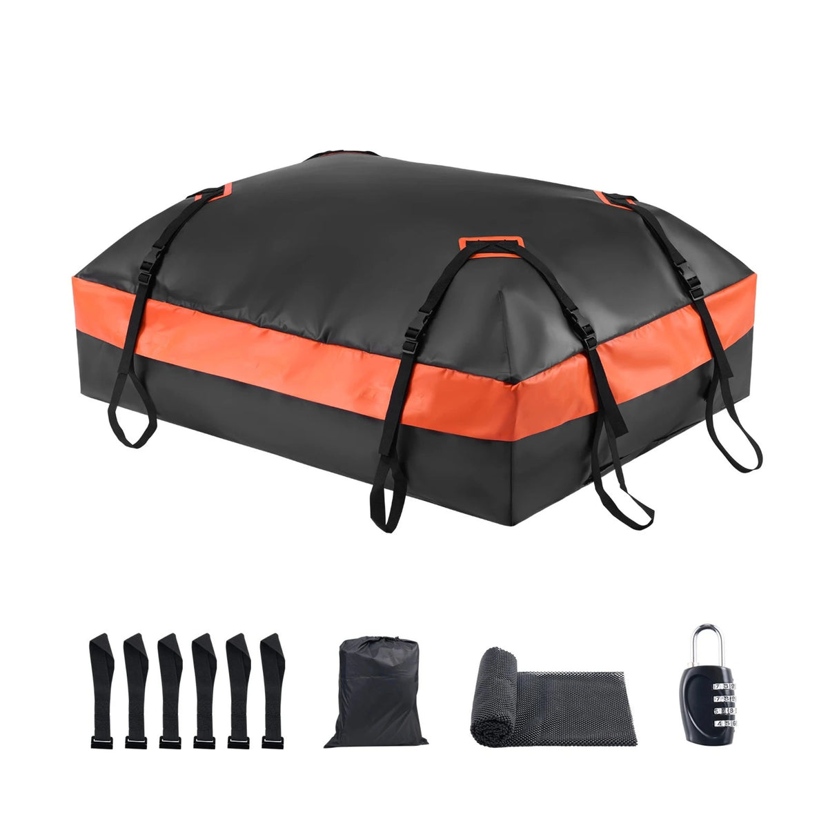 Black and orange roof bag with black straps, shown with included accessories on a white background: six black straps, a black storage pouch, a rolled gray mat, and a black combination lock.