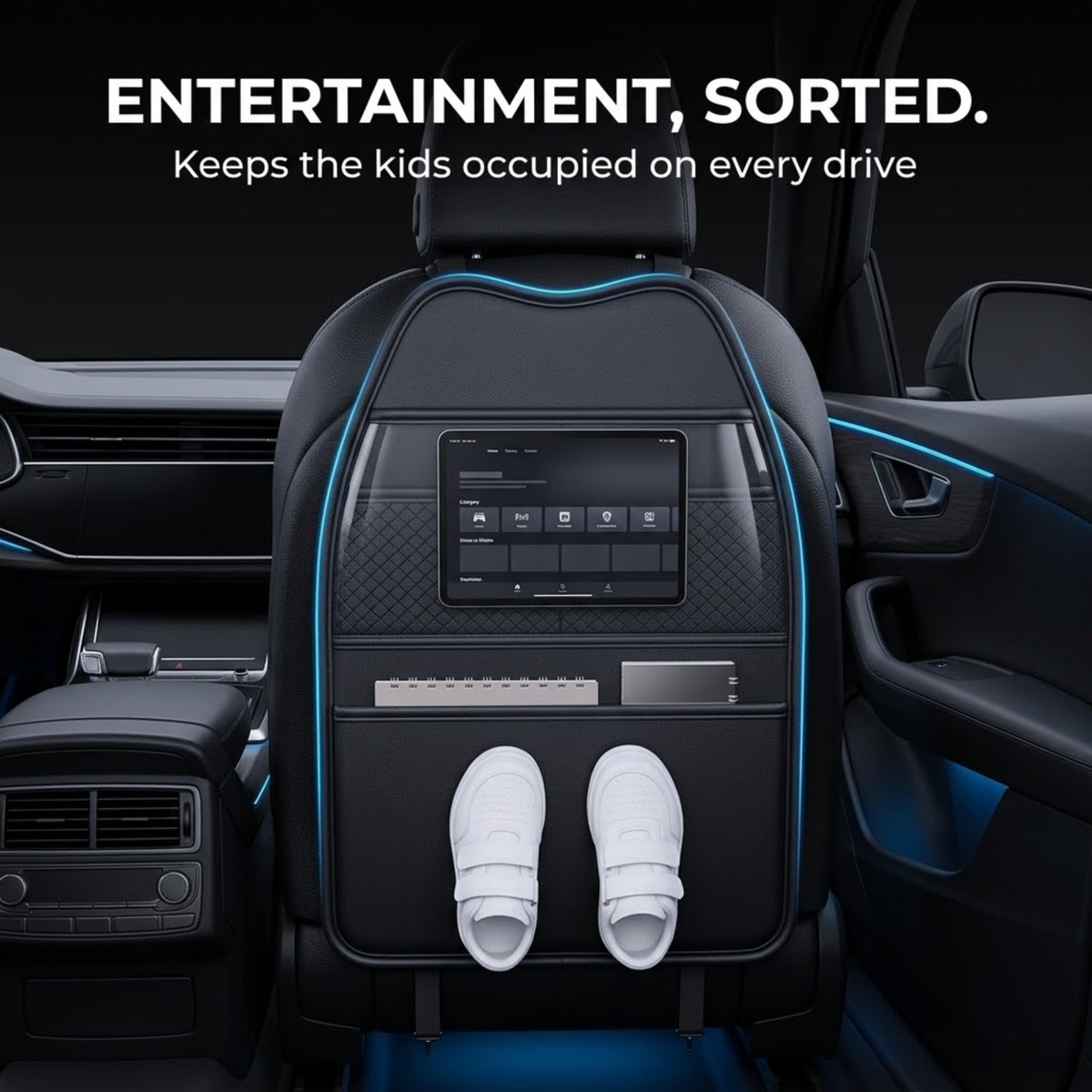 A black car seat backrest organizer with blue trim, shown installed in a vehicle interior. The organizer includes a screen panel, a shoe holder with a pair of white shoes, and storage pockets.