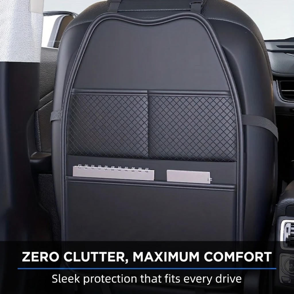 A black car seat backrest organizer insert shown installed on a vehicle seat, with two diamond-textured mesh panels and two horizontal pockets. Text at the bottom reads 'ZERO CLUTTER, MAXIMUM COMFORT' and 'Sleek protection that fits every drive.