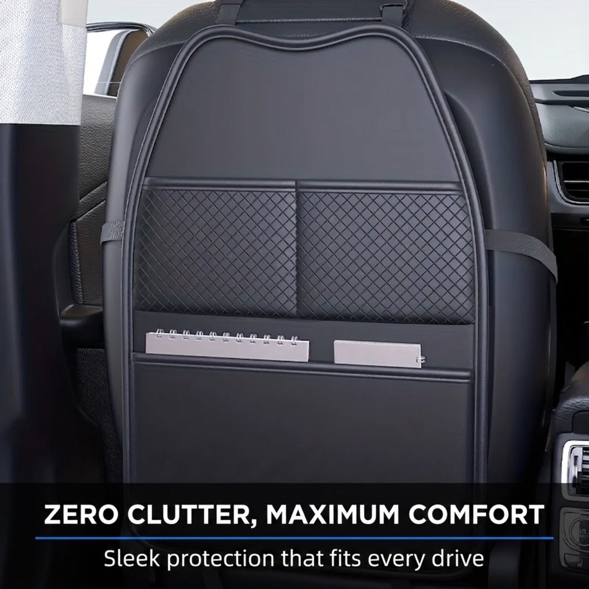 A black car seat backrest organizer insert shown installed on a vehicle seat, with two diamond-textured mesh panels and two horizontal pockets. Text at the bottom reads 'ZERO CLUTTER, MAXIMUM COMFORT' and 'Sleek protection that fits every drive.
