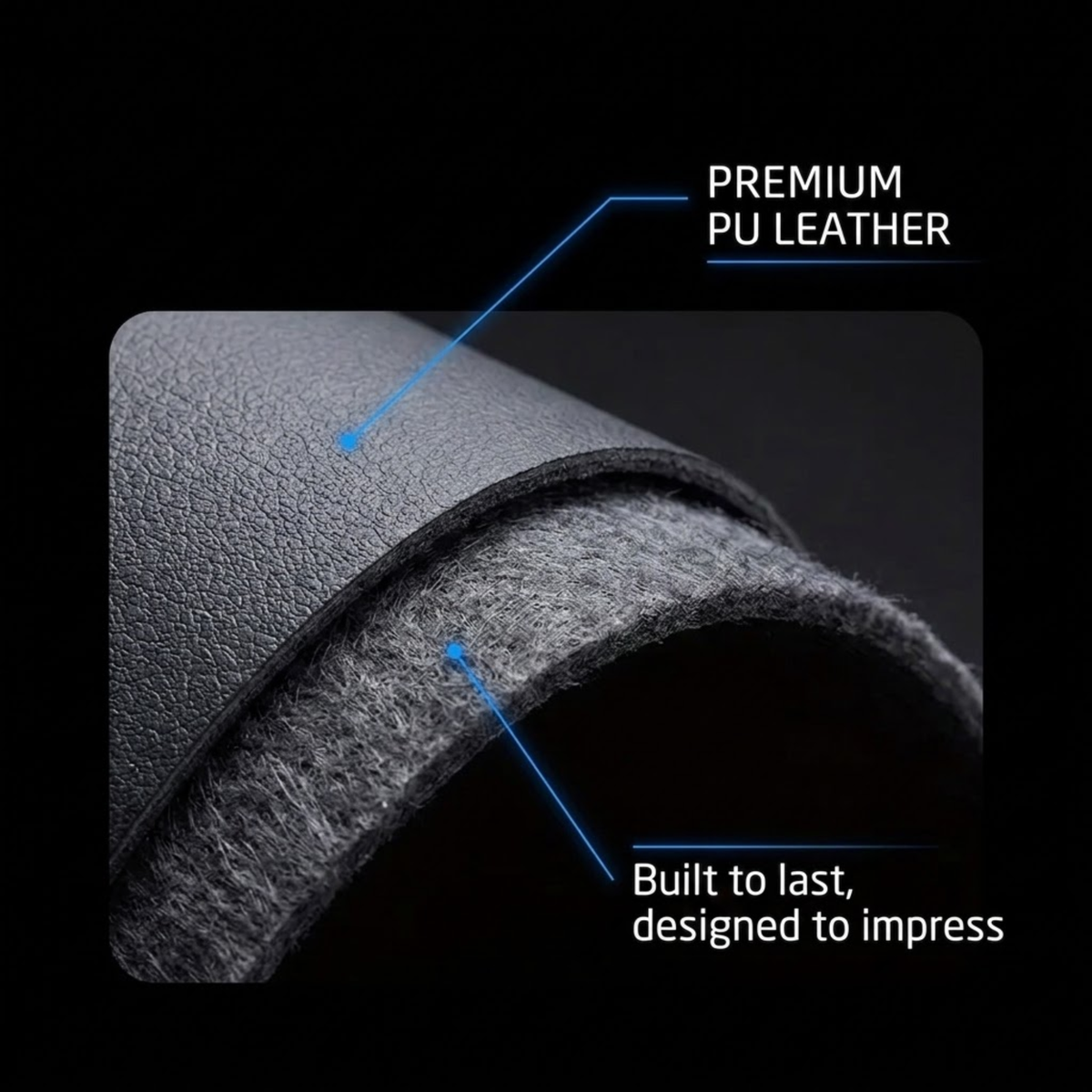 Close-up of a rolled dark gray premium PU leather material with a textured outer surface and a soft inner layer, shown on a black background with callout text reading 'PREMIUM PU LEATHER' and 'Built to last, designed to impress'.