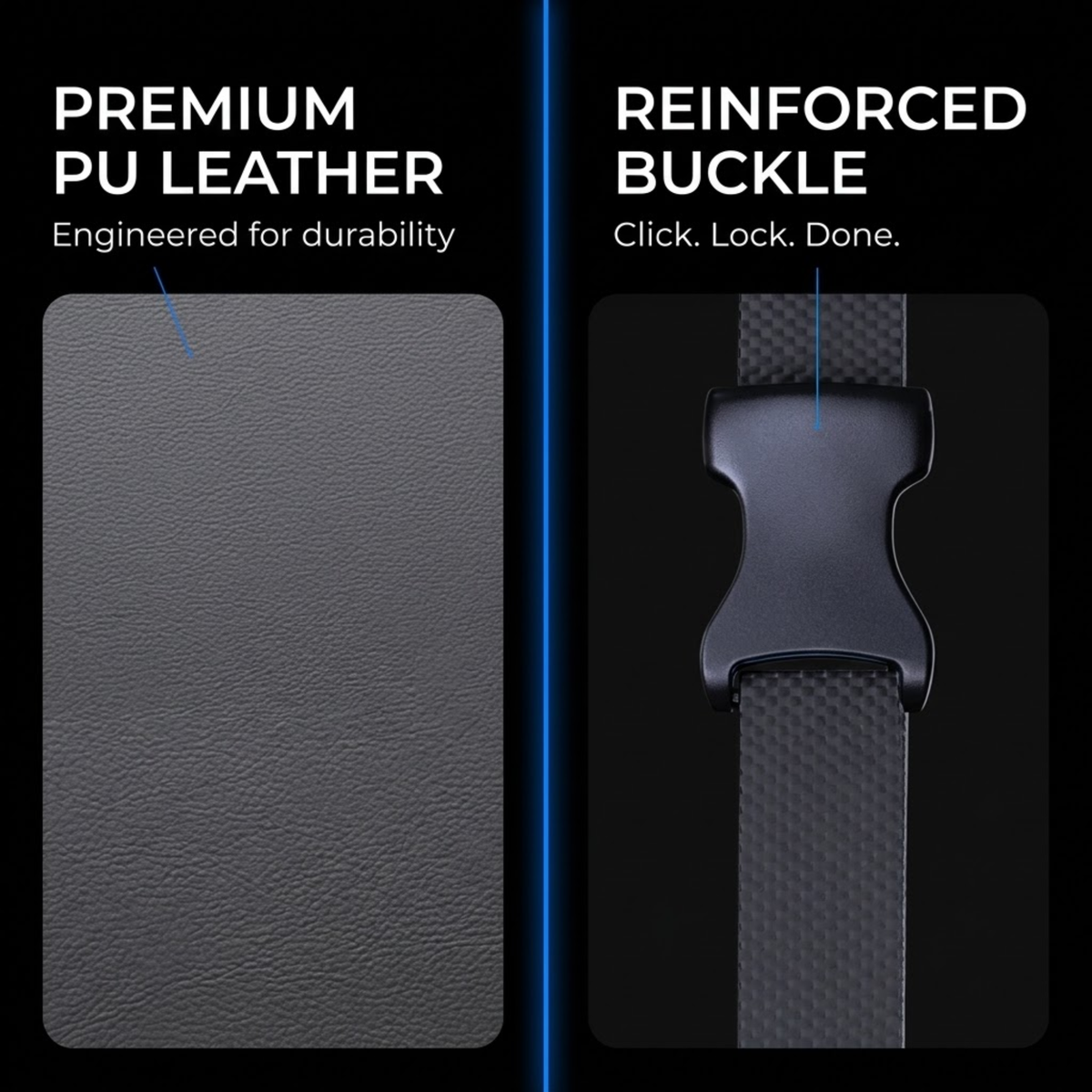 A promotional split-screen graphic showing two product features: on the left, a textured dark gray PU leather strap panel with the text 'PREMIUM PU LEATHER Engineered for durability'; on the right, a close-up of a black reinforced buckle with the text 'REINFORCED BUCKLE Click. Lock.