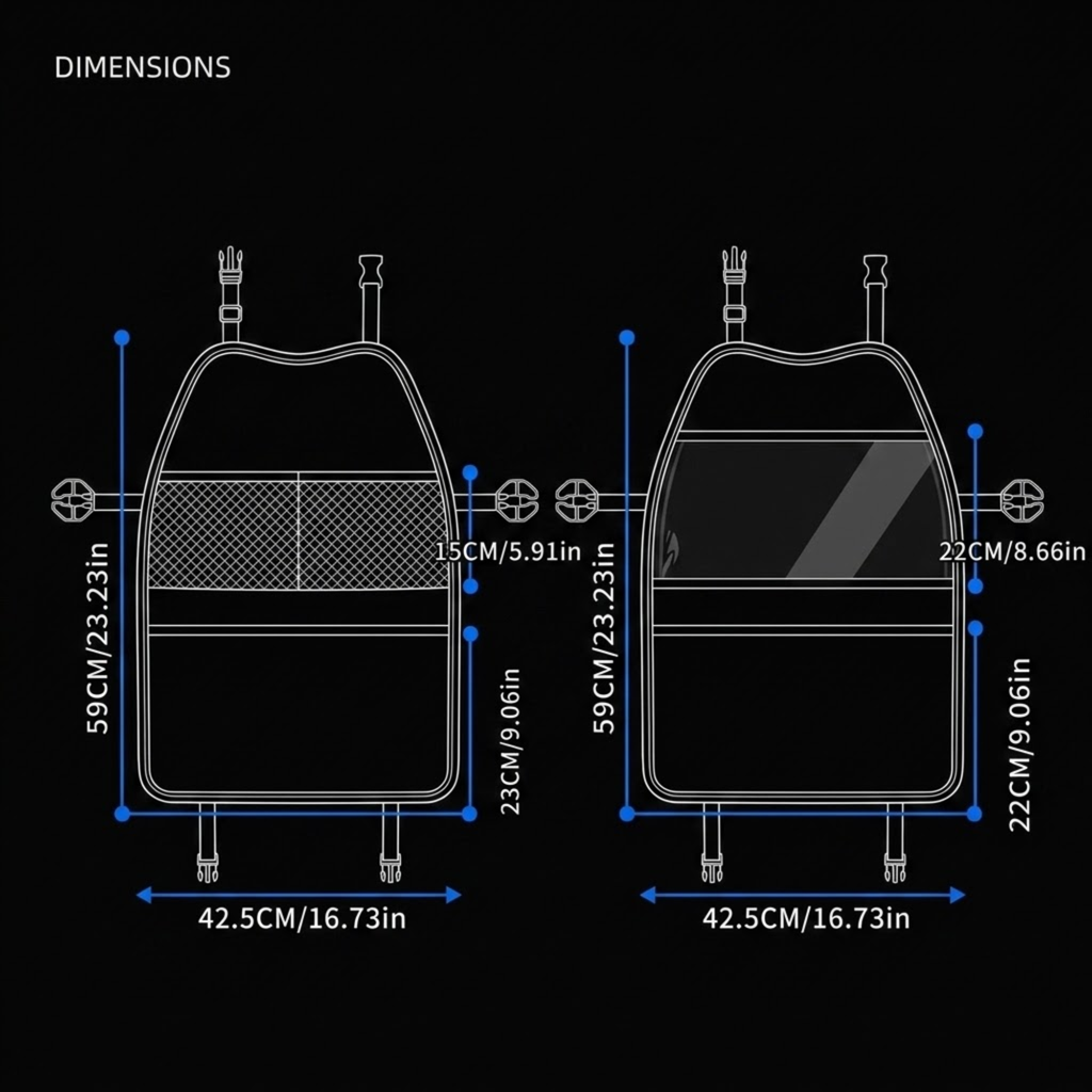A black dimension diagram showing two side-by-side line drawings of a rectangular container or bag with blue measurement markers and text labels indicating width, height, and depth in centimeters and inches.