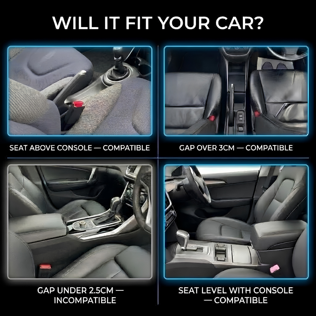 A four-panel compatibility chart titled 'WILL IT FIT YOUR CAR?' showing different car interior seat configurations: seat above console, gap over 3cm, gap under 2.5cm, and seat level with console.