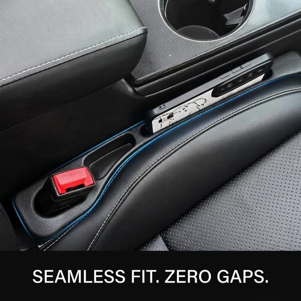 Close-up of a car interior center console showing a black textured seat with blue contrast stitching and a matching black center console armrest. A red seatbelt buckle release is visible, along with a cup holder and storage compartment.