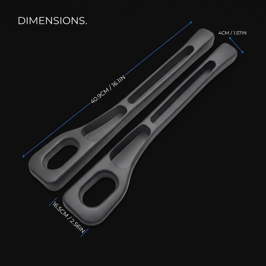 Two dark gray plastic handlebar grips shown on a black background with blue dimension lines and text indicating measurements: 40.9 cm / 16.