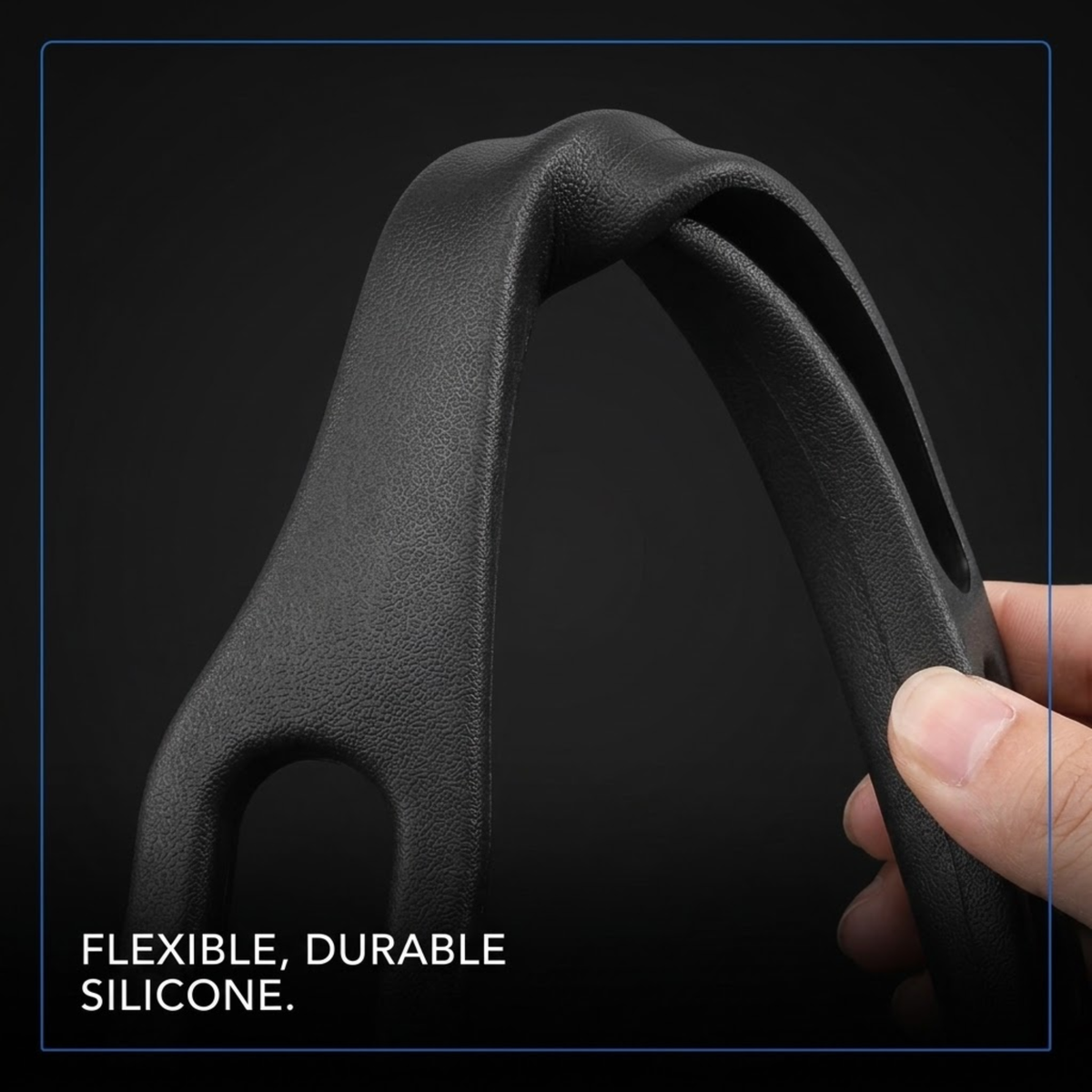 A close-up of a black textured silicone loop being bent by a hand, with the text 'FLEXIBLE, DURABLE SILICONE.' on a black background.