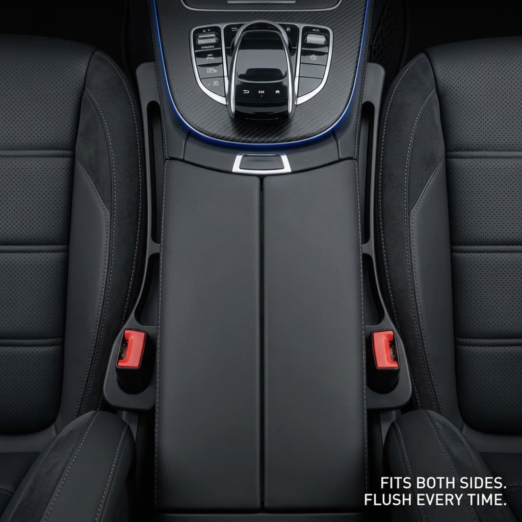 Black car interior center console armrest cover installed between two black leather seats, with the gear shift console visible above and a small text note in the bottom right reading 'FITS BOTH SIDES. FLUSH EVERY TIME.