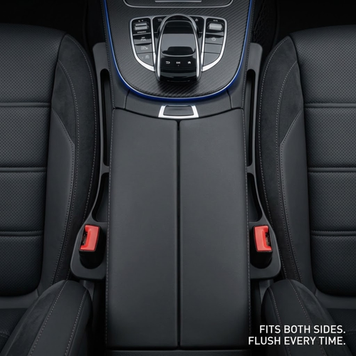 Black car interior center console armrest cover installed between two black leather seats, with the gear shift console visible above and a small text note in the bottom right reading 'FITS BOTH SIDES. FLUSH EVERY TIME.
