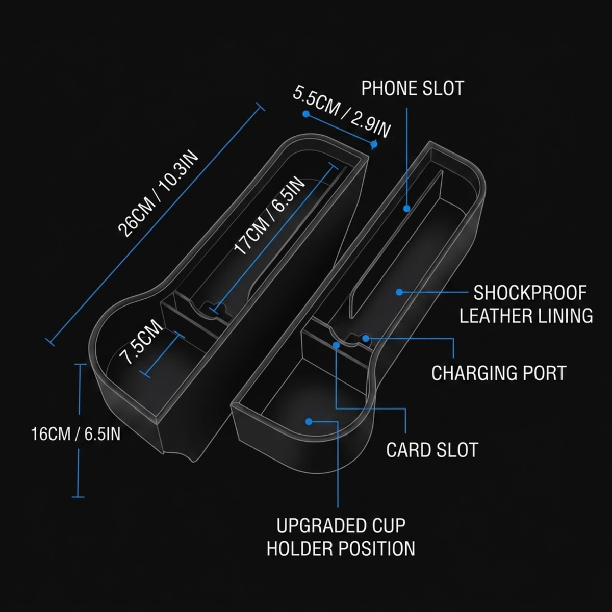 Technical dimension diagram of a black phone case on a black background, showing labeled measurements and features such as phone slot, charging port, card slot, and upgraded cup holder position.