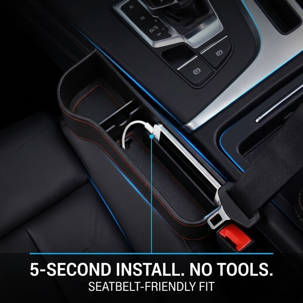 A car seatbelt storage organizer tray installed in a vehicle interior, holding a white cable. The black organizer with red stitching and a red release buckle is shown next to the seatbelt, with text at the bottom reading '5-SECOND INSTALL.