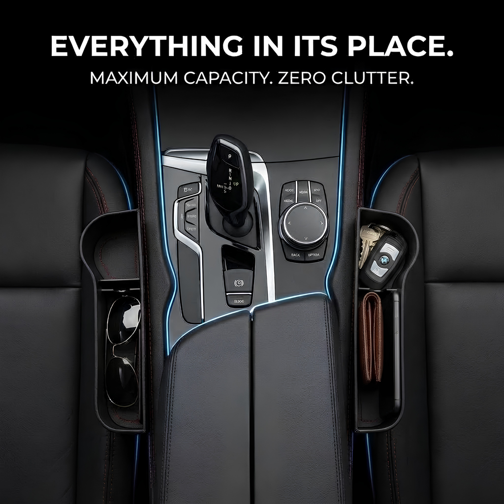 A pair of black car seat side pockets with blue accent stitching, shown holding sunglasses, a phone, and a wallet inside a car interior. White text at the top reads 'EVERYTHING IN ITS PLACE.